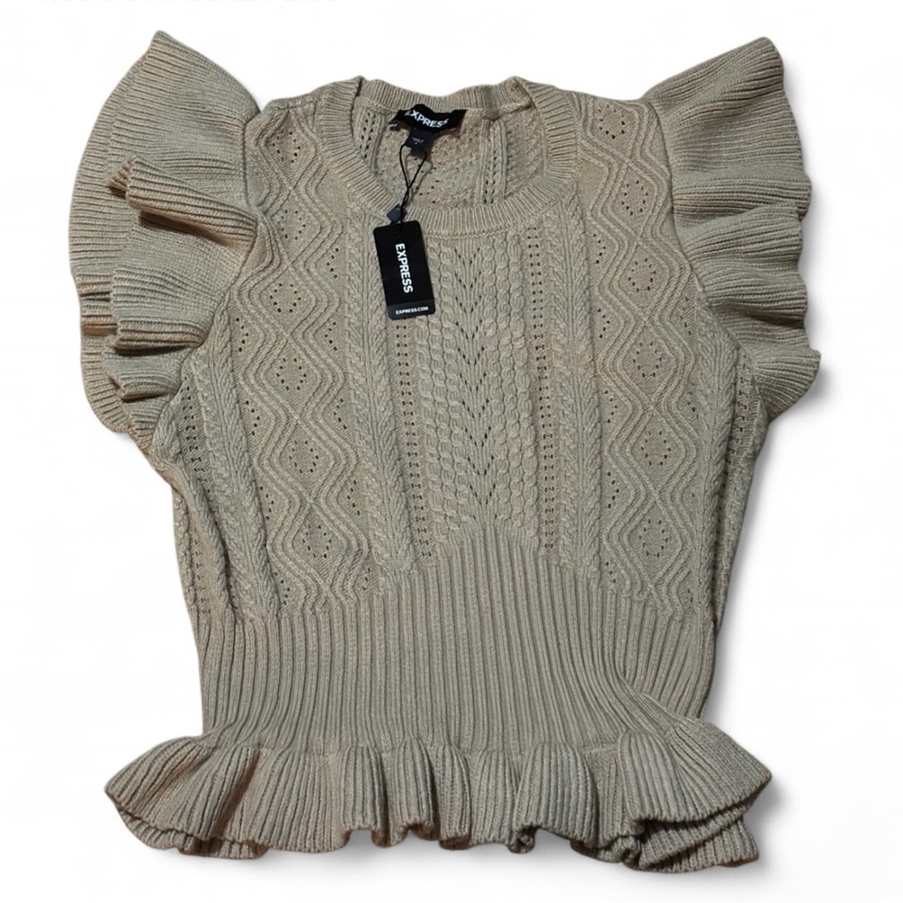 Express Beige Knit Ruffle Sleeve Blouse